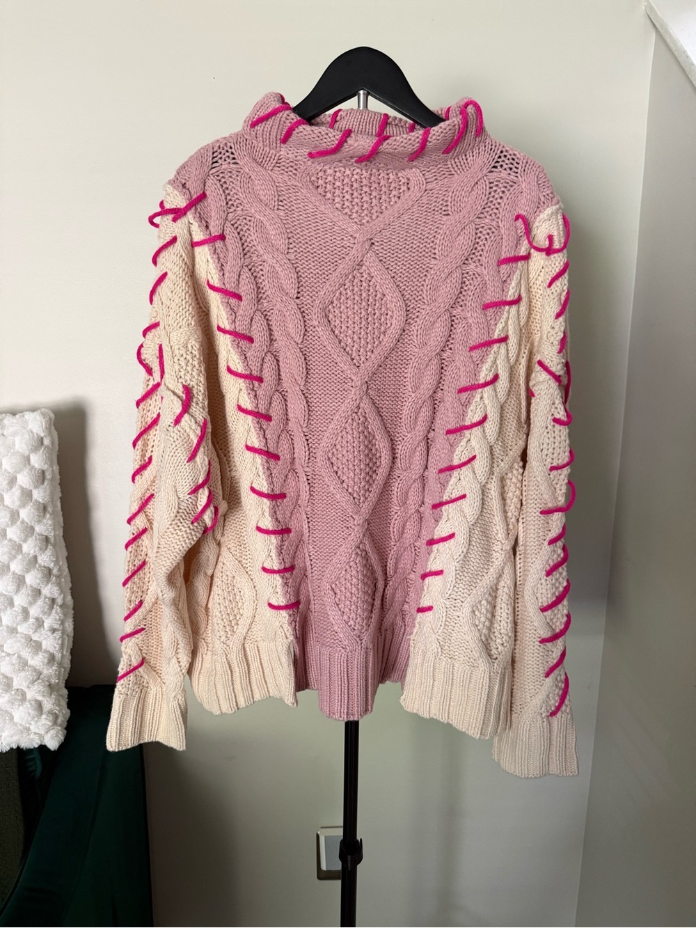 Fantastic Fawn Pink and Cream Cable Knit Sweater with Hot Pink Lace Trim